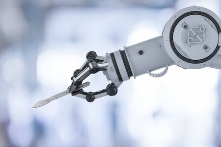 Medical technology concept with 3d rendering robot hand holding scalpel or surgery knifeの写真素材