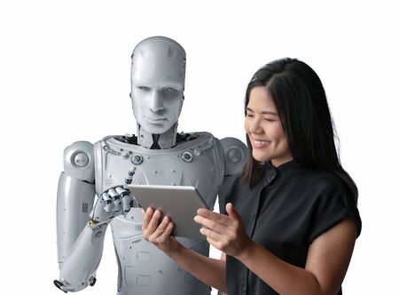 Asian woman happy living with cyborgの写真素材