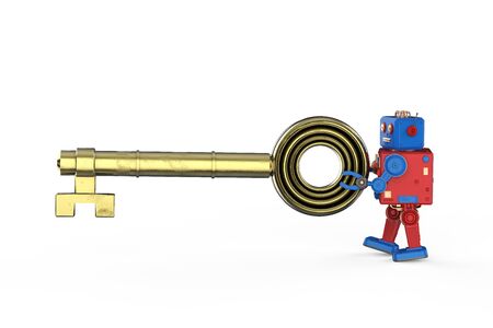 Online security concept with 3d rendering mini robot hold keyの写真素材
