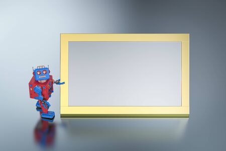 3d rendering tintoy robot with empty white boardの写真素材