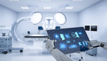 Medical technology concept with 3d rendering robot hand hold tablet with graphic display in surgery roomの写真素材