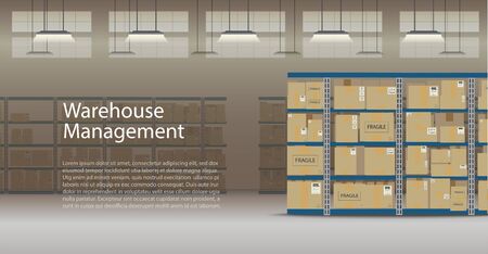 Warehouse management banner with boxes on racks flat design vector illustrationのイラスト素材
