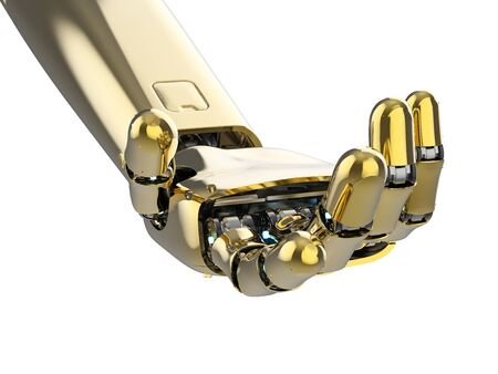 3d rendering golden robotic hand extend isolated on whiteの写真素材