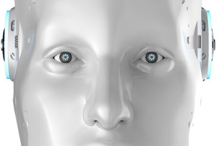 3d rendering cyborg or robot close up isolated on whiteの写真素材