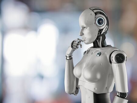 3d rendering cyborg girl or female robot analyze or thinking