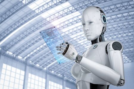 Automation worker concept with 3d rendering female cyborg or robot with glass tabletの写真素材