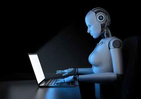 Automation office worker concept with 3d rendering female cyborg or robot work on computer notebookの写真素材