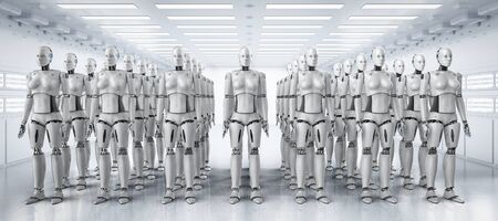 Female cyborg army concept with 3d rendering group of female cyborgs or robots in a rowの写真素材