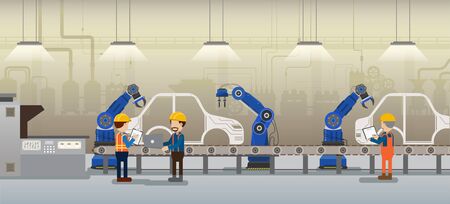 Automation automobile factory concept with robot assembly line in car factoryのイラスト素材