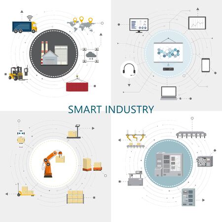 Four square smart industry concept with factory and warehouse equipments flat design vector illustrationのイラスト素材