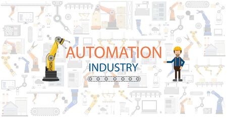 Automation industry concept with robots and machines flat design vector illustrationのイラスト素材