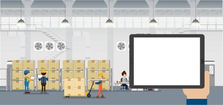 Hand hold empty screen tablet in warehouse with workers working flat design vector illustrationのイラスト素材
