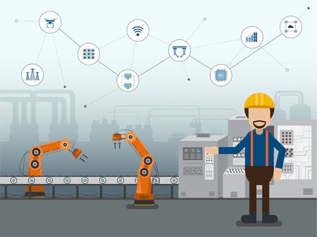 Automation industry concept with robots and workers flat design vector illustrationのイラスト素材