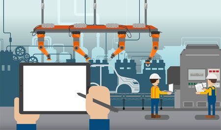 Hand hold empty screen tablet in automobile factory with robot assembly line and engineers flat design vector illustrationのイラスト素材