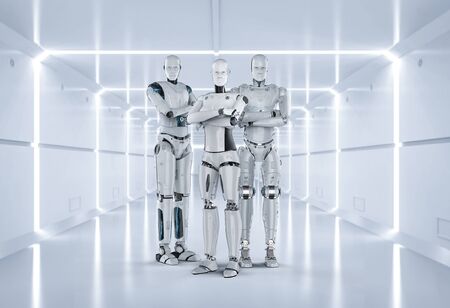 3d rendering group of male and female cyborgs on futuristic backgroundの写真素材