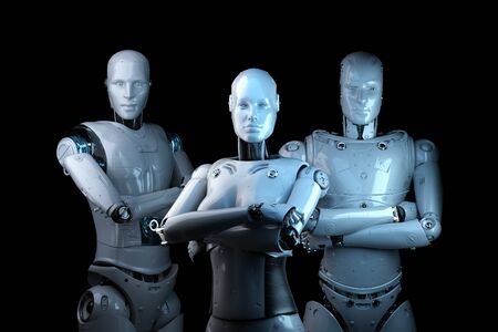3d rendering group of male and female cyborgs on black backgroundの写真素材