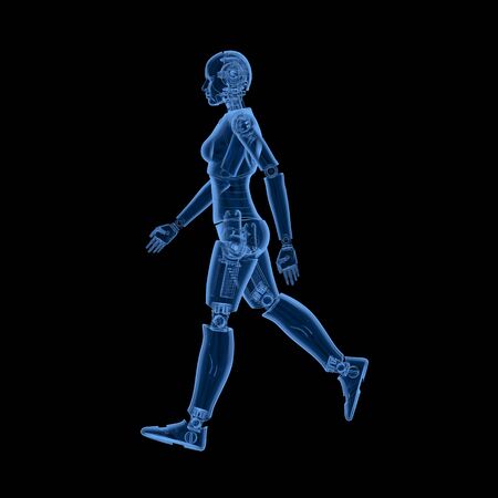 3d rendering x-ray female cyborg or robot walk isolated on black
