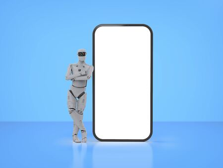 3d rendering artificial intelligence cyborg or robot with blank screen mobile phoneの写真素材
