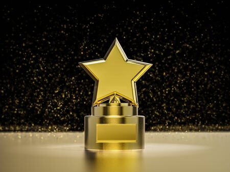 3d rendering gold star trophy on black background