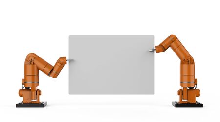 3d rendering robot arm holding white blank paperの写真素材