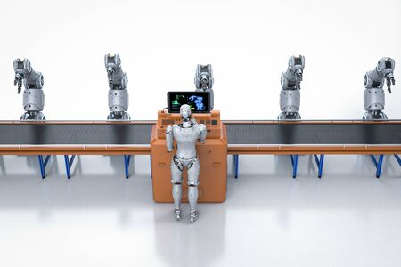 Automation factory concept with 3d rendering cyborg in factoryの写真素材