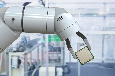 3d rendering robotic hand holding cpu chip in factory