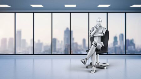 3d rendering female cyborg sit in chairの写真素材