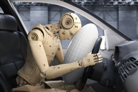 Crash test with 3d rendering dummy hit with air bagの写真素材