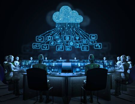Cloud computing technology concept with 3d rendering cyborg with graphic display