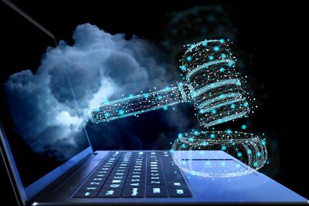 Internet law concept with 3d rendering computer notebook with digital display gavel judge 