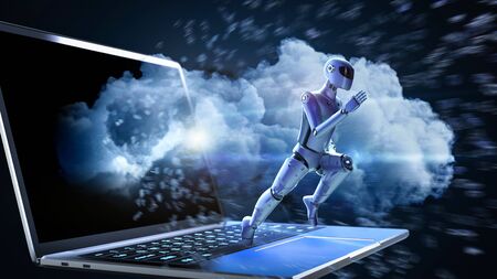 Cloud computing technology concept with 3d rendering cyborg with computer notebookの写真素材