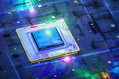 Quantum computer technology concept with 3d rendering cpu chips on board 