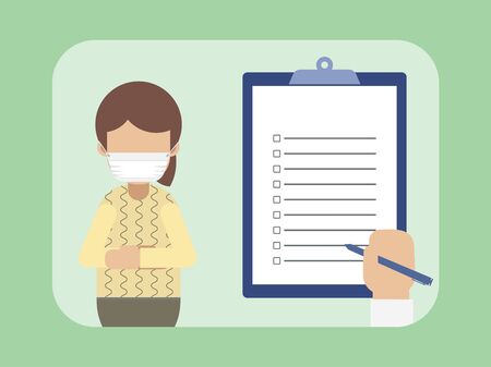 Female patient with hand on blank checklist vector illustrationのイラスト素材