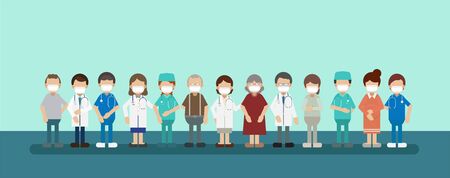 Group of doctors with patients wear masks flat design vector illustrationのイラスト素材