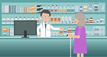 Pharmacy with pharmacist and customer vector illustrationのイラスト素材