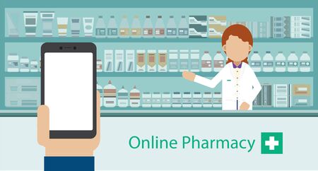 Online Pharmacy concept with empty screen mobile phone and pharmacy vector illustrationのイラスト素材