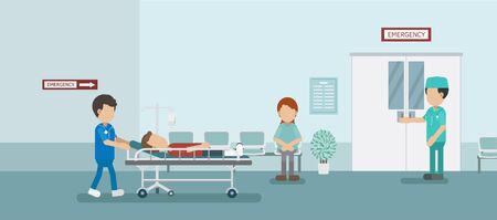 Doctor with injured patient in bed flat design vector illustrationのイラスト素材