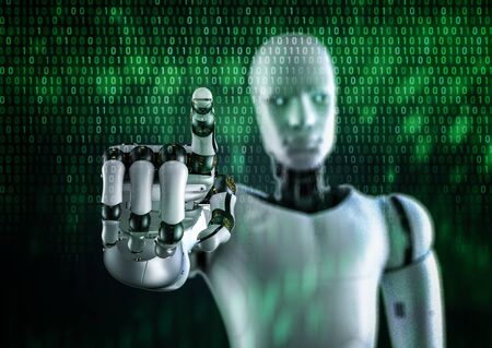 3d rendering cyborg or robot finger point with shining light on green binary background