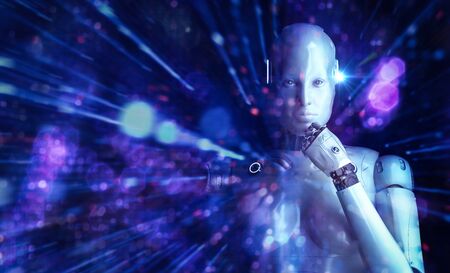 3d rendering ai robot think or compute with shining lightの写真素材