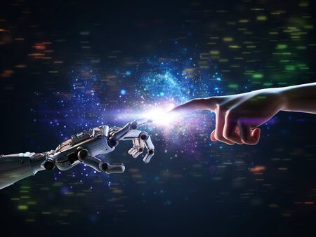 Technology connection concept with 3d rendering robot hand connect to human hand