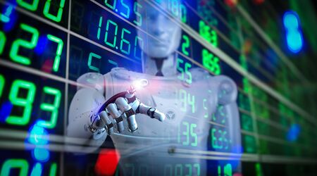 Financial technology concept with 3d rendering humanoid robot analyze stock marketの写真素材
