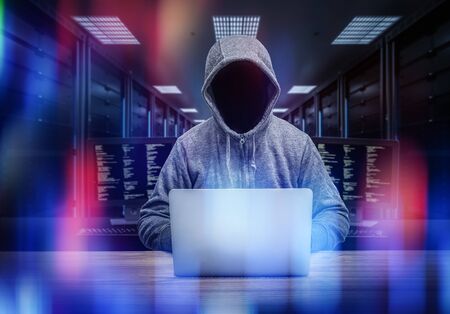 3d rendering anonymous hacker in server room