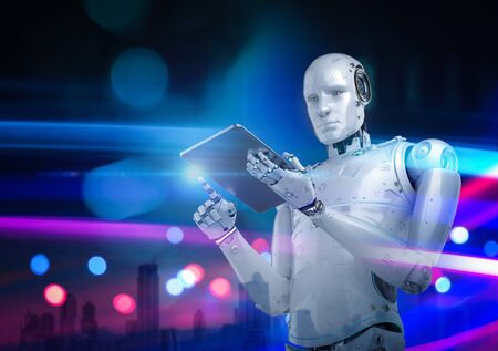 3d rendering cyborg or humanoid robot working with digital tablet