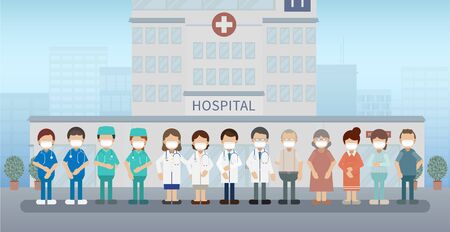 Group of doctors with patients wear masks flat design vector illustrationのイラスト素材