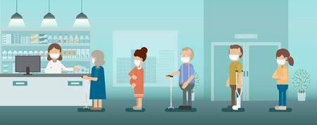 Pharmacy with pharmacist and customers in a row vector illustrationのイラスト素材