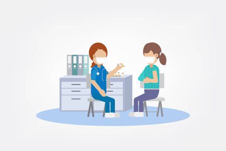 Vaccination concept with nurse hold syringe with vaccine flat design vector illustrationのイラスト素材
