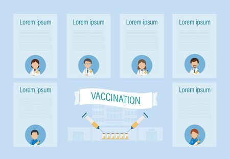Vaccination infographic with doctors hold syringes with vaccine flat design vector illustrationのイラスト素材