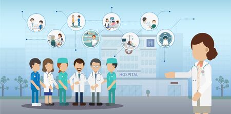 Medical service concept with doctor and patients flat design vector illustrationのイラスト素材