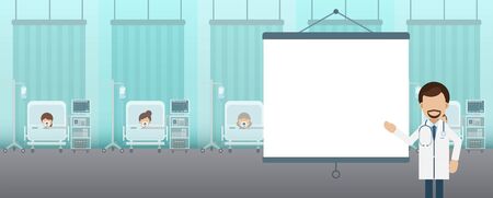 Medical service concept with blank screen projector and patient with ventilator flat design vector illustrationのイラスト素材
