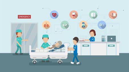 Medical service with doctor and critical patient in bed flat design vector illustrationのイラスト素材